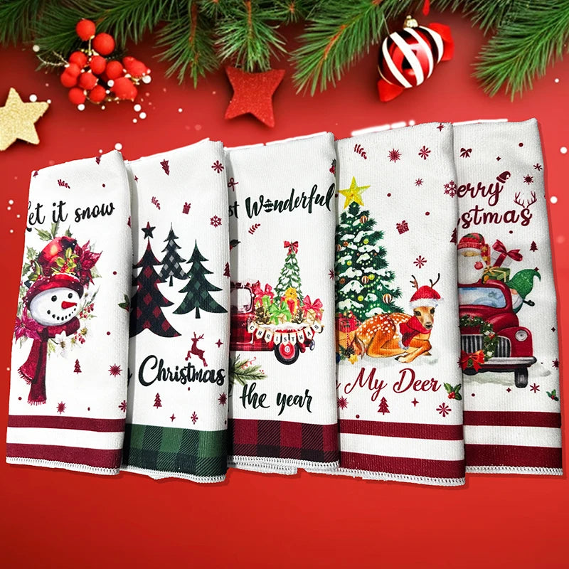 Lot de 5 serviettes de Noël douces et absorbantes – Motifs festifs