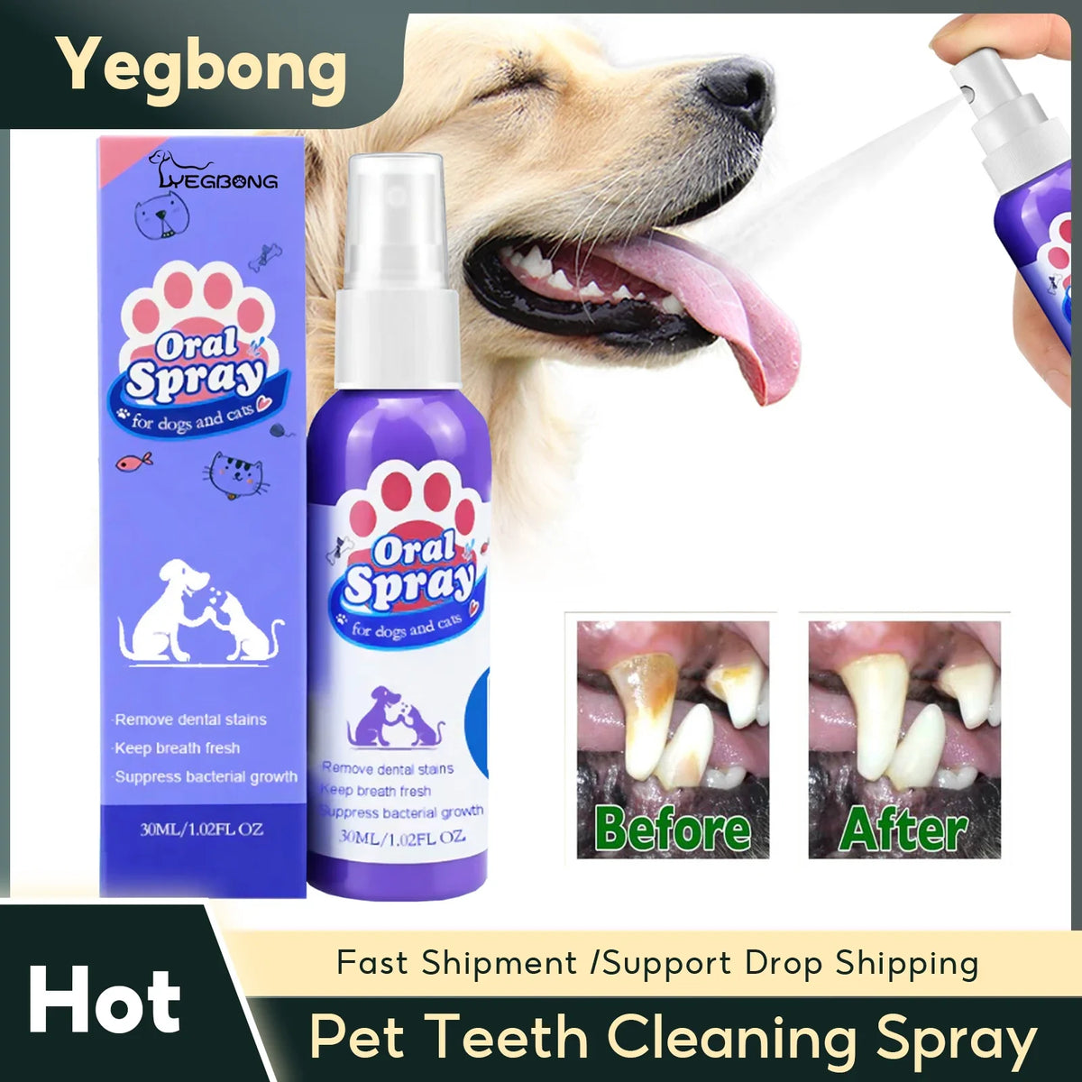 Pet Teeth Cleaning Spray for Dogs and Cats – Tartar Remover, Fresh Breath, Oral Care